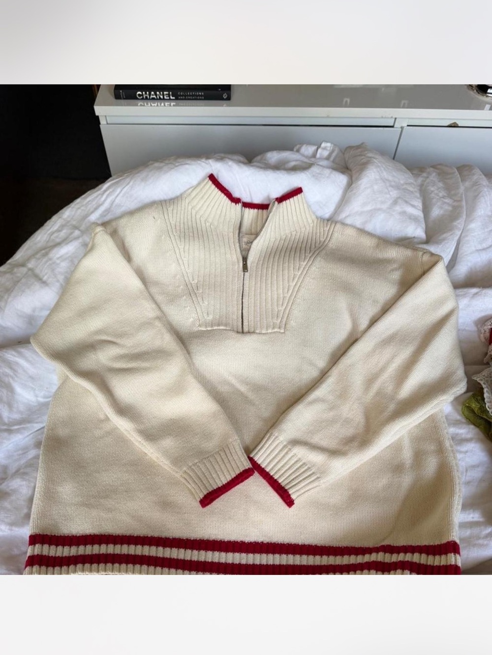 Universal Thread Cream Half-Zip Pullover with Red Trim